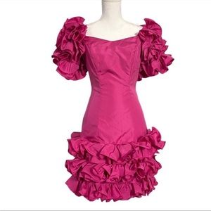 Vintage 80s Fuchsia Hot Pink Magenta Taffeta Bridesmaid Prom Dress Ruffles S